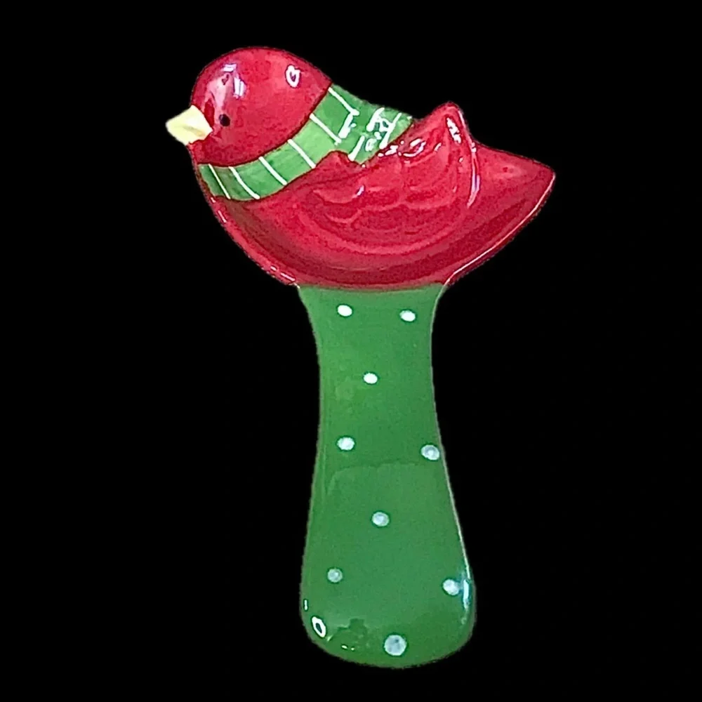Pier 1 Cardinal Spoon Rest Red Green White Polka Dots Christmas Holiday Twee